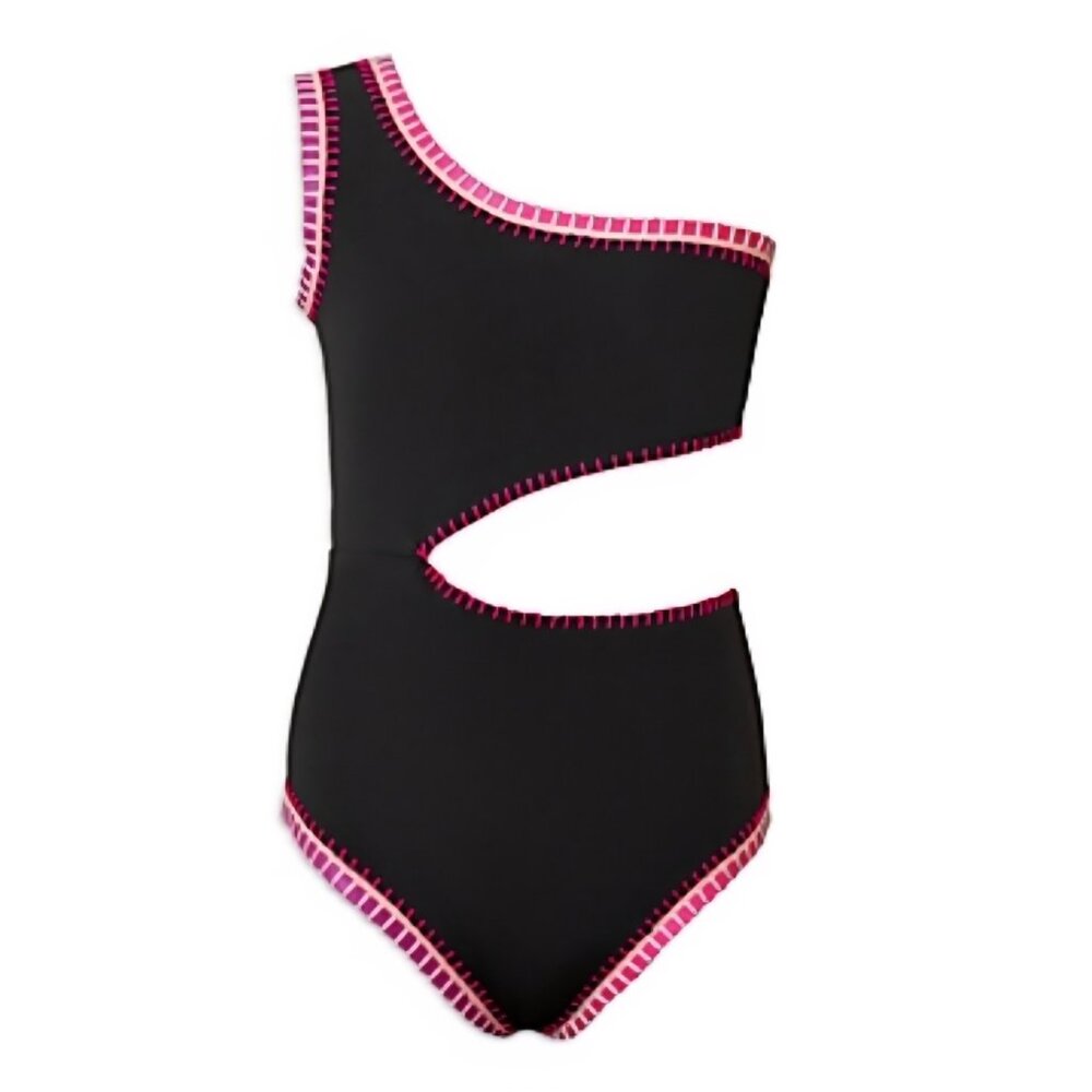 New PQ - 4, 6 Girls Rainbow Embroidered Cut Out Black One Piece Swim